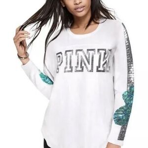 PINK Victoria's Secret White and Teal Sequin Sleeve Top